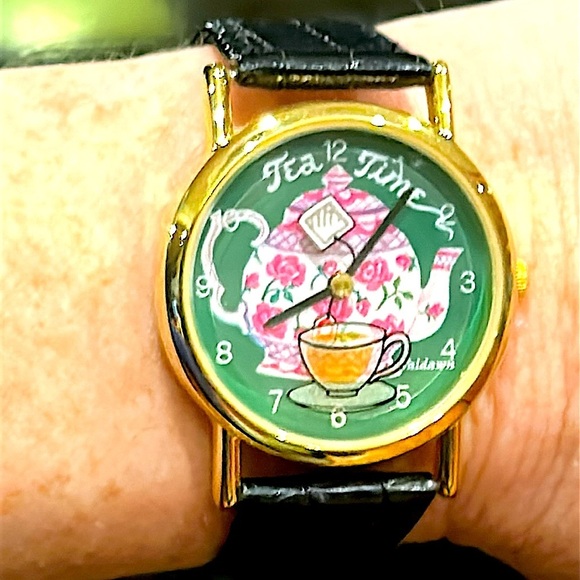 Accessories - Tea Time Pop Art Tea Pot Watch Genuine Black Leather Strap Watch Gold Accents